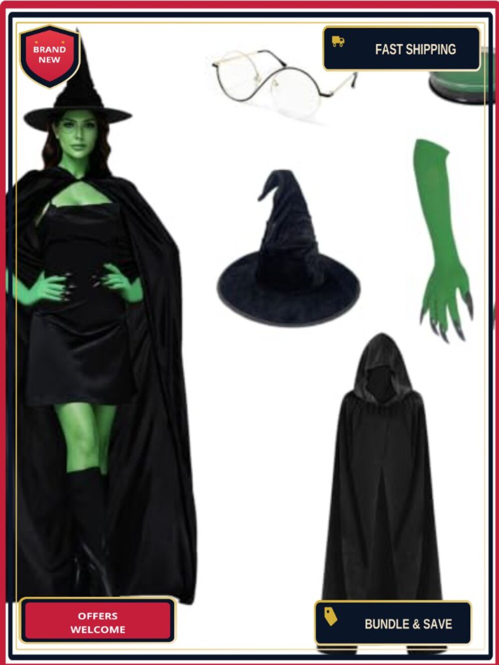 Green Witch Costume Set 5 Pcs Velvet Cape Hat Gloves Glasses Adults